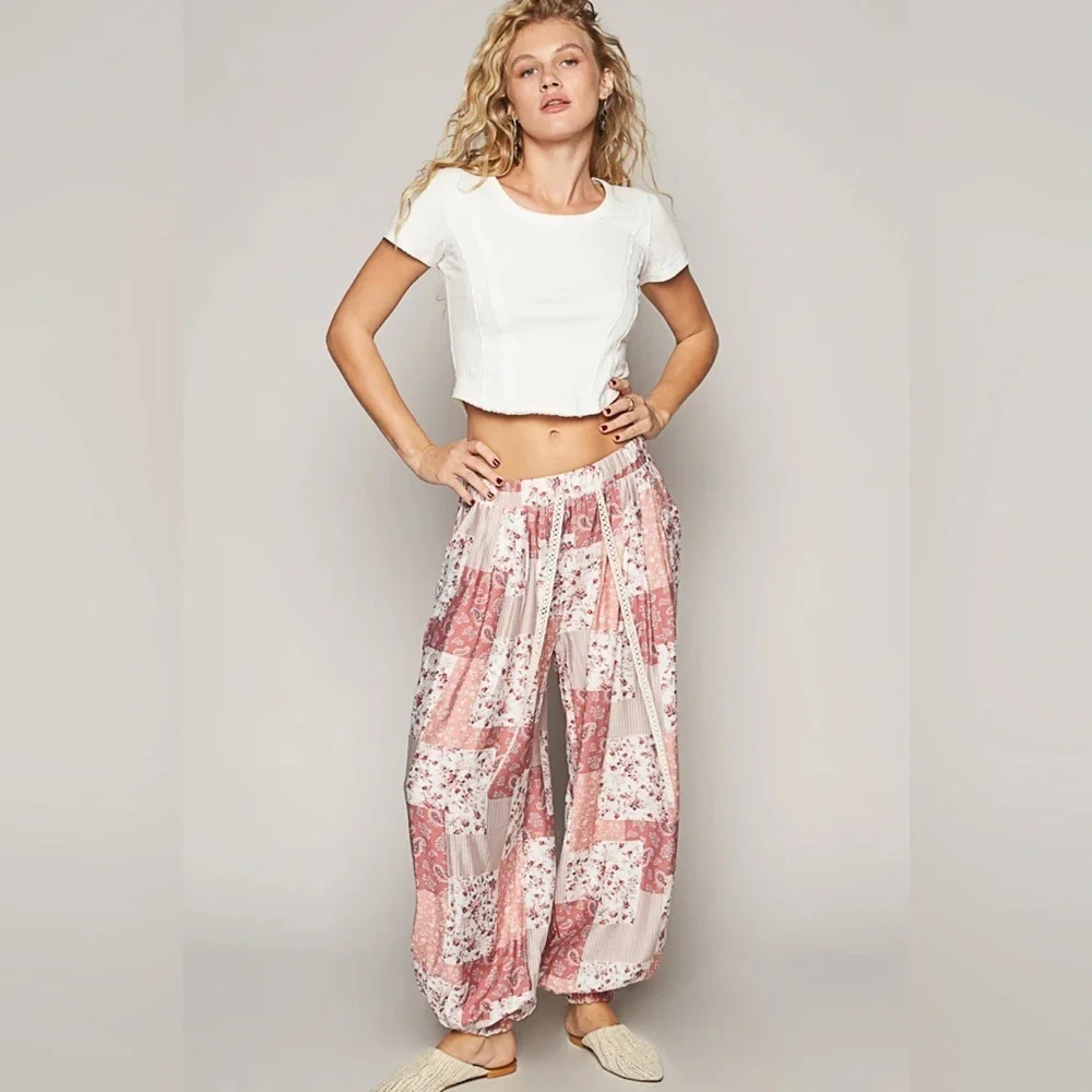 POL Pink Patchwork Joggers in Rose Multi Print 🌸💗 Lightweight, Cozy & Comfy 🌸💗